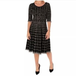 Taylor Plaid Windowpane Fringe Fit & Flare Sweater Dress Black/Cream Size 1X